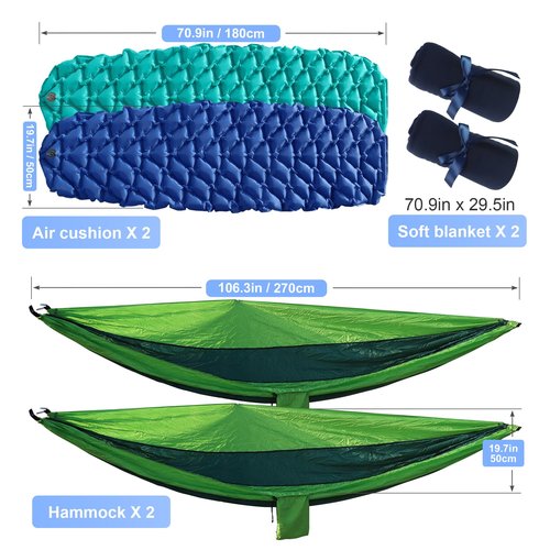 LANMOUNTAIN 9 Pcs Camping Set: Green Tent, 2 Sleeping Bags, 2 Sleeping Pads/Mats, 2 Single Hammocks With Tree Straps, 2 Lightweight Bed Blankets for Family Outdoor Activities