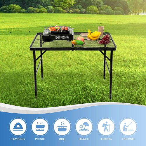 MOOTHLION Portable Camping Table with Wire Mesh Top for Outside, Height Adjustable Grill Table for Camping, Beach, Picnic and BBQ, Black