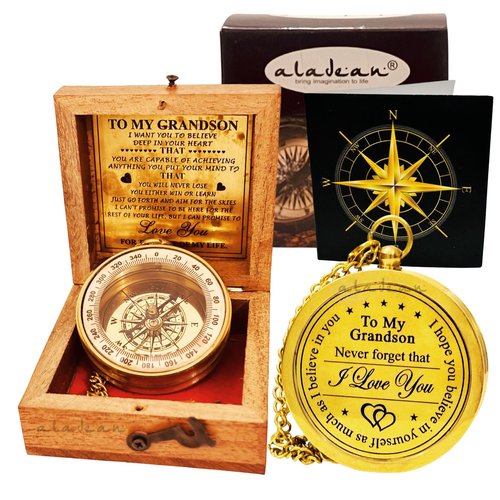 ALADEAN Brass Grandson's Divine Path Finder Compass - Engraved Quote, Wood Box, Uplifting Gift