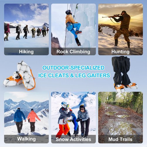 Crampons with Leg Gaiters - Ice Cleats with Adjustable Snow Leg Gaiters - Men's and Women's Traction Snow Grips and Gaiters for Hiking, Mountaineering, and Rock Climbing(M)