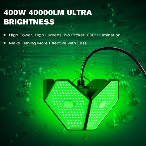 Goldlife 110V Underwater Fishing Light with 50ft Cable, 400W 40000LM Foldable GFCI Safety Plug Brightness Green LED Light Attractants for Docks/Boats/Kayaks, IP69K Rated for Fresh & Salt Water