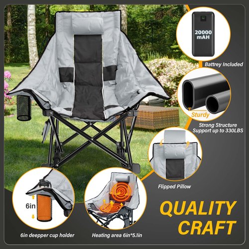 SOROVEE Heated Camping Chair Oversize, XL Heated Rocking Chair with 3 Levels for Back and Seat, Portable Outdoor Heated Folding Chair, Heavy Lawn Chair for Camping (Grey, Included Power Bank)