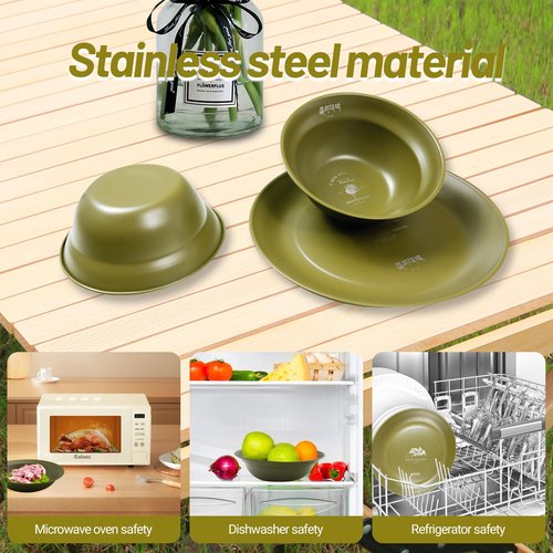 喜马拉雅 Medium Stainless Steel Plate Portable Non-stick Dinnerware for Youth, Adults, Family, Camping, Hiking, Beach, Outdoor Use 7.09 inch Black (5 packs set green)