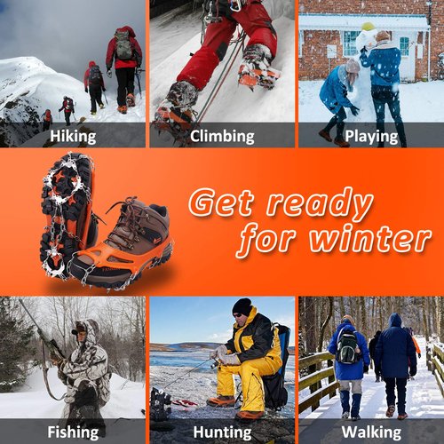 WIN.MAX Crampons for Shoes, Traction Cleats Ice Snow Grips with 19 Stainless Steel Spikes, Shoe Talons Anti - Slip Boots Spikes for Walking, Jogging, Climbing and Hiking (Orange, L)…