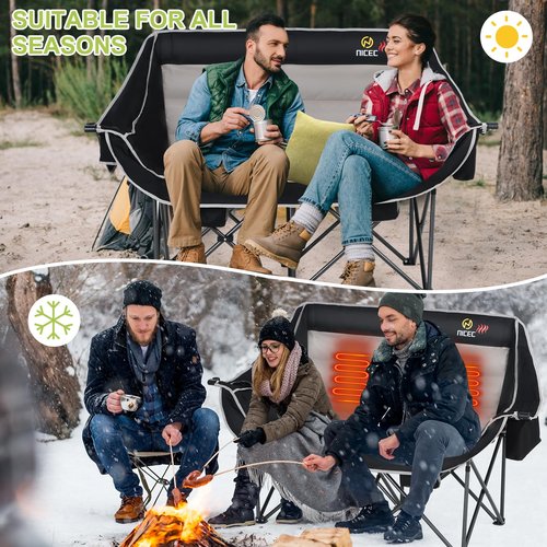 Nice C Heated Camping Chair with Battery, Outdoor Heated Folding Chairs, Double Padded Camping Chair for Adults, Camping Couch, with Cooler Bag, 2 Power Banks Included (Black&Grey)