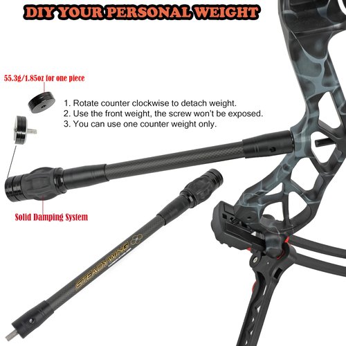 ZSHJGJR Archery Bow Stabilizer 6" 8" 10" 12" for Compound Bow, Carbon Fiber Body Flexible Core, Damping System and Weights Kit (12 Inch)