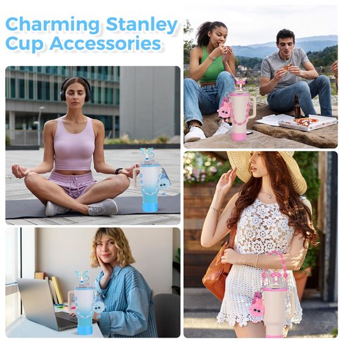 TJYAEKLTD Cup Accessories for Stanley Cup, Stanley Cup Accessories Set Including Silicone Cup Boot, Lipstick Holder, Water Bottle Handle Strap, Keychain Charms, for White Stanley Cup 40oz/30oz(Blue)