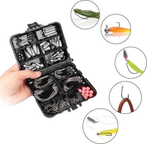 Fishing Accessories Kit, Fishing Set with Tackle Box, Fishing Hooks, Weights, Jig Heads, O-Rings, Barrel Swivels, Fastlock Snaps, Fishing Beads, Space Beans - Freshwater & Saltwater Fishing