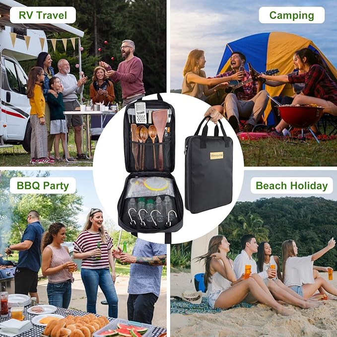 Camping Cooking Utensils Cookware Set for Outdoor - Hanging Organizer + Nonstick Wooden Spatula Kitchen Kit, Camping, RV & Campfire Essentials