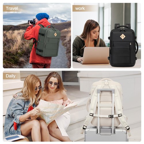 PIG PIG GIRL Travel Backpack for Men, 32L Expandable Carry On Flight Approved Backpack for Women 15.6inch Personal Item Travel Weekender Bag with Dry Wet Pocket, Beige