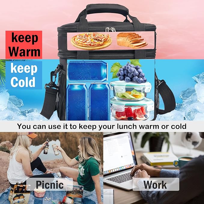 Lunch Box For Men/Women,Large Double-layer Insulated Expandable Reusable Leakproof Cooler Bags For Adults,Lunch Bag With Adjustable Shoulder Strap For Office Travel Picnic(Red)