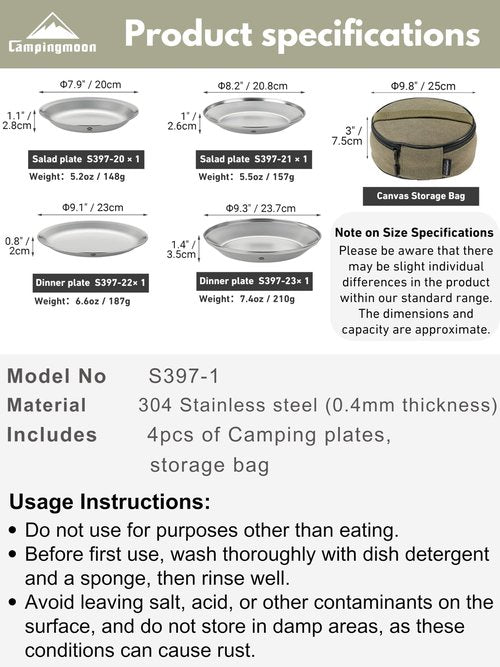 CAMPINGMOON Camping Plates 4pcs set Salad Side Dinner Plate Dishes Outdoor Tableware Stainless Steel with Canvas Case S397-1S