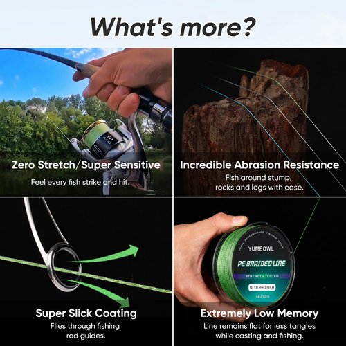 YUMEOWL Fishing Line, No Stretch-Super Strong-Abrasion Resistant-Braided Line, 4 Strand, Light Green, 164YDS, 4LB, 0.05MM