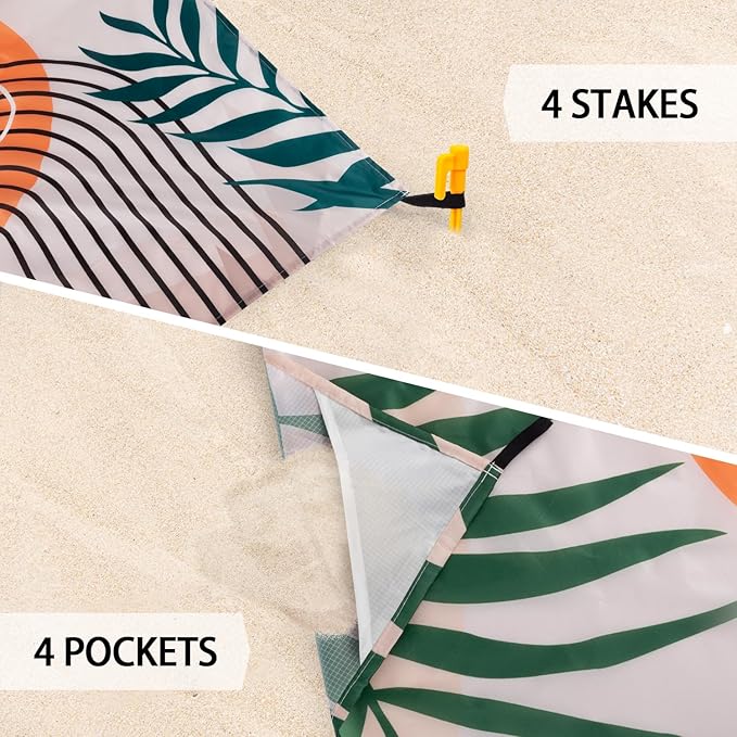78''×86'' Large Sandproof Beach Blanket for 4-8 Adults, Waterproof Sand Free Beach Mat with 4 Stakes, Polyester Lightweight Big Foldable Boho Outdoor Picnic Blanket for Camping, Hiking, Park, Grass