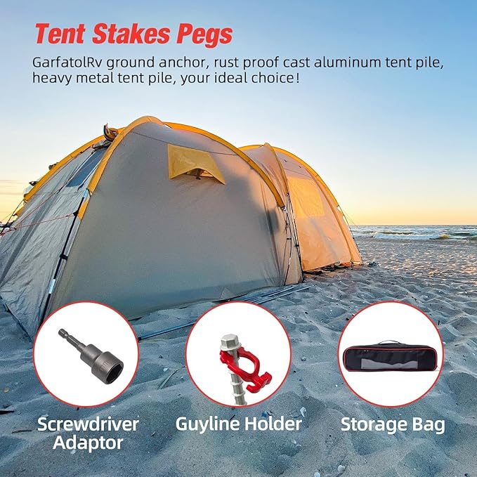 Non-Rust Cast Aluminum Ground Anchors - Heavy Duty Screw in Tent Stakes for Superior Stability Ideal for Securing Animals, Tents, Canopies, Sheds, Car Ports, Swing Sets Outdoors-16Packs