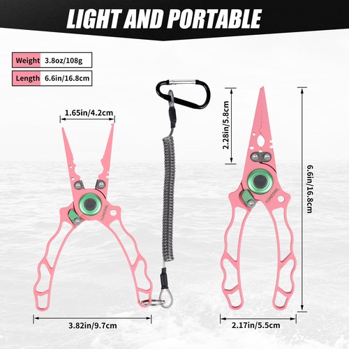 YUMEOWL Lockable Fishing Pliers & Hook Removers with Tungsten Steel Cutters, Non-Stick Coating, Ergonomic Handle and Lost Rope,Sheath - Lightweight, Multi-Function Fishing Gear, Pink 6.6" 3.8 oz