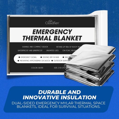 CloudTen Premium Quality Emergency Blanket Bundle | 10 Tear Resistant Blankets Plus Emergency Whistle | Reusable Emergency Mylar Blankets for Survival Gear and Supplies or Camping Essentials