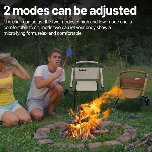 喜马拉雅 Folding Chair Double-Side Seat, Camping Chair Usable On Both Sides, One Chair Two Heights, Carbon Steel Portable Foldable with Cup Holder for Camp Beach Picnic Patio Sports Brown Beige