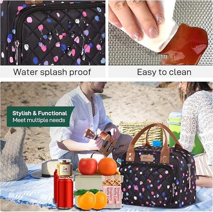 Buringer HOMESPON Lunch Bag for Woman Man Adults with Front Pocket Insulated Lunch Tote Lunch Box Container for Work Picnic or Travel（Multi Dots）