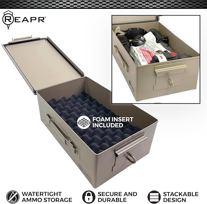 Reapr Steel Ammo Can, Heavy Duty Locking Metal Ammo Storage Box, Airtight and Watertight 30 Cal or 50 Cal Case for Rifle, Shotgun, Pistol, Military Footlocker Style Tool and Gear Organizer