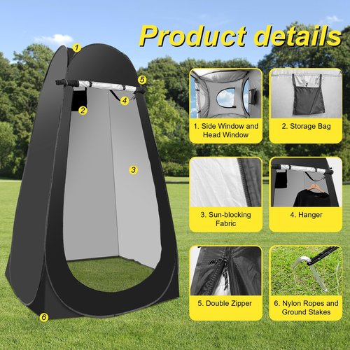 Portable Camping Bathroom Shower Tent Kit, Outdoor Pop Up Privacy Changing Tent with 5 Gallon Shower Bag-(Nozzle Upgraded)(Black)
