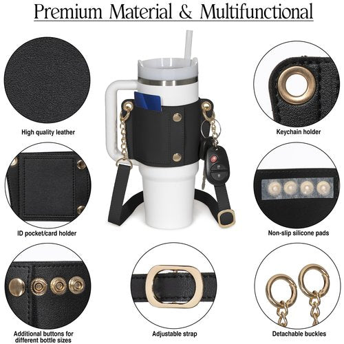 Leather Carrier Strap for Stanley 40 oz & 30 oz Tumbler with Handle |Water Bottle Holder with Adjustable Strap | Stanley Cup Accessories | Credit Card Holder | Keyring/Non-Slip Pad (Black)