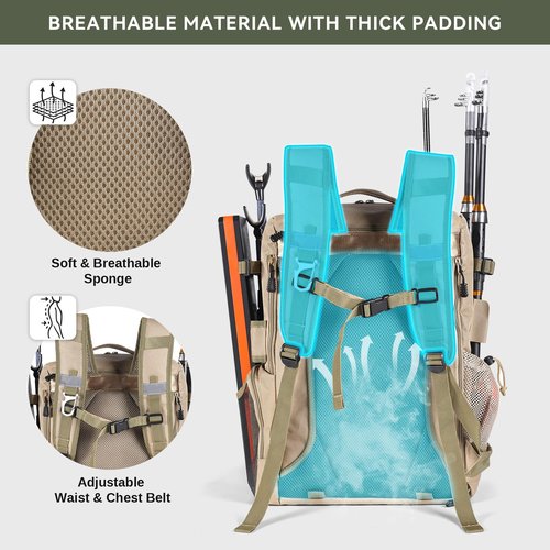 Bagenerous 39L Fishing Tackle Backpack with Rod Holders & Cooler,Water-resistant Fishing Gear Storage Bag with Protective Rain Cover,Khaki