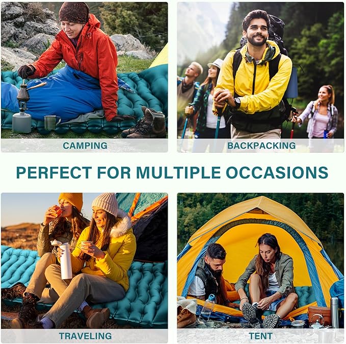 Camping Sleeping Pad, Ultralight Camping Mat with Pillow Built-in Foot Pump Inflatable Sleeping Pads Compact for Camping Backpacking Hiking Traveling - Dark Green.