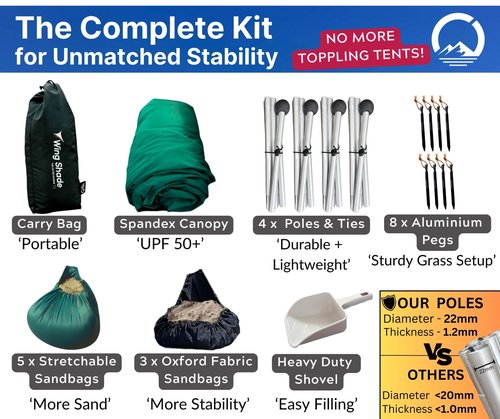 Wing Shade Beach Tent Sun Shelter - Large Portable 10x10 Pop Up Beach Canopy, Easy Setup on Grass or Sand with 4 Poles, 8 sandbags - for Outdoor Picnic, Beach Shade. Wind sail & Beach Umbrella