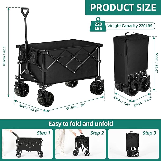 YITAHOME Collapsible Foldable Wagon, 183L Capacity Heavy Duty Utility Wagons Carts with Big Wheels and Brakes Portable for Outdoor Sand Beach Shopping Camping Garden Lounge Grocery Cart Stroller Wagon