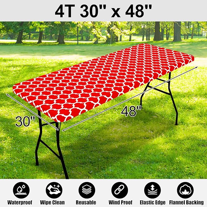 Smiry Rectangle Picnic Table Cover, Waterproof Elastic Fitted Camping Tablecloths for 4 Foot Tables, Wipeable Flannel Backed Vinyl Tablecloth Protector for Indoor, Outdoor (Red, 30x48 Inches)