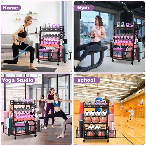 Qriocioa Dumbbell Rack, Home Gym Storage, Gym Storage Rack with Hooks and Wheels,Gym Equipment Storage,Weight Rack for Dumbbells for Organizing Yoga Mats, Kettlebells,Dumbbells, Foam Rollers and ball
