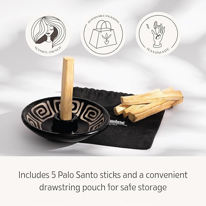 Luna Sundara Authentic Peru Pottery Palo Santo Stick Holder and Incense Holder Includes 5 Palo Santo Sticks Handmade Ceramic Smudge Bowl Sage Holder Palo Santo Holder (Black and White Maze)