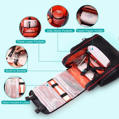 GHWMYD Camping Organizer for Outdoor Kitchen Storage, Large Hanging Cookware Backpack with Paper Towel Holder, Multi Pockets Camp Utensil Containers for BBQ Grill Cooking Essential Tools, Bag Only