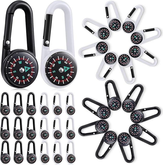 TOODOO 32 Pcs Compass Keychain for Kids Adventure Camping Small Keychain Belt Clips With Holes Compass Metal Buckle Keychain Outdoor Camping Party Favors