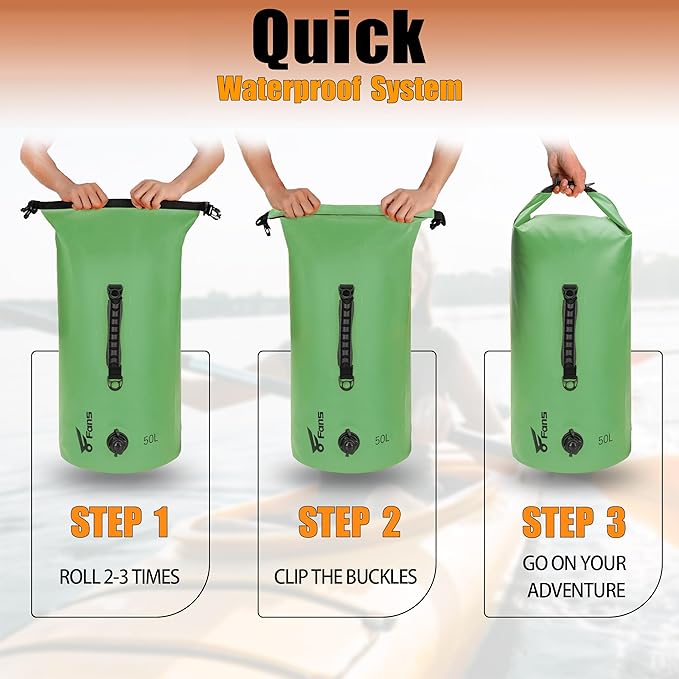 8 Fans Dry Bag Backpack Waterproof,50L Roll Top Bag with Phone Case, Perfect for Floating,Travel,Swimming,Boating,Kayaking,Camping,and Beach Activities(Air Release Valves, Green)