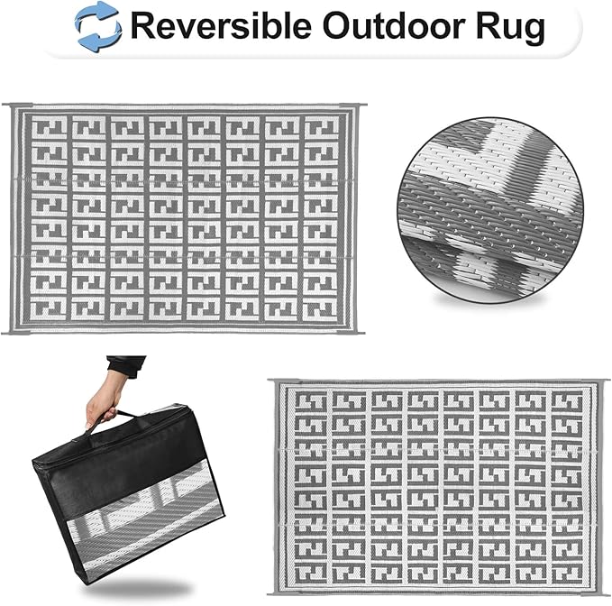 OutdoorLines Outdoor Plastic Area Rugs for Patio 5x8 ft - Reversible Outside Carpet, Stain & UV Resistant RV Mats, Straw Rug for Camping, Deck Garden, Porch and Balcony, Geometry Grey & Light Grey
