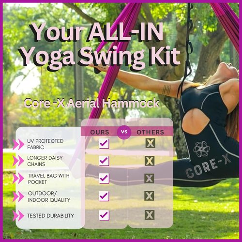 Core X - Heavy Duty & UV Protected Fabric Aerial Yoga Swing Workout Equipment for Strength & Balance - Home Gym Yoga Swing Set with Extra Long Daisy Chains for the Outdoors