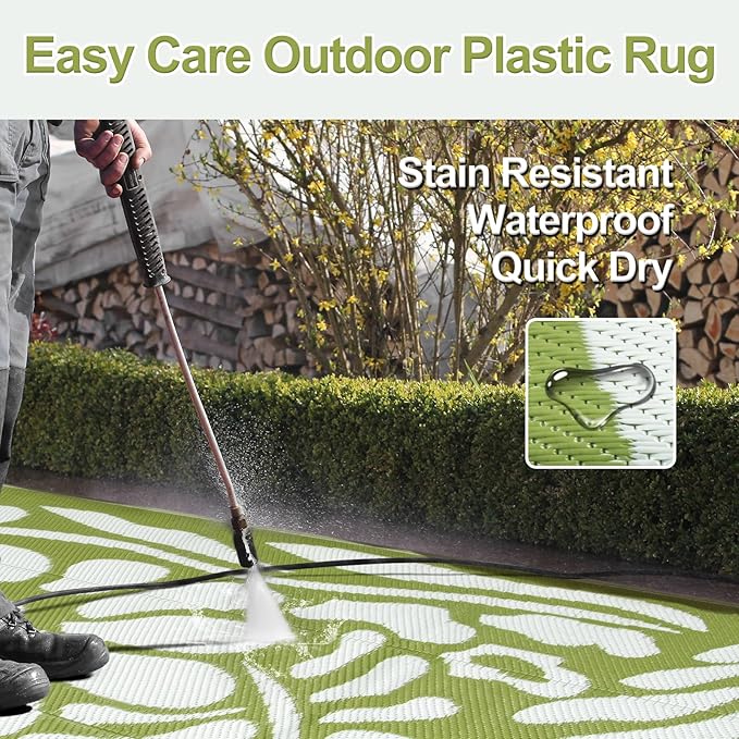 Wonnitar Outdoor Rugs 6x9 Waterproof, Plastic Straw RV Rugs for Outside, Large Portable RV Outdoor Rugs for Camping, Reversible Green Flower Picnic Mat for Camper Garden Tent (Green Flower, 6'x9')