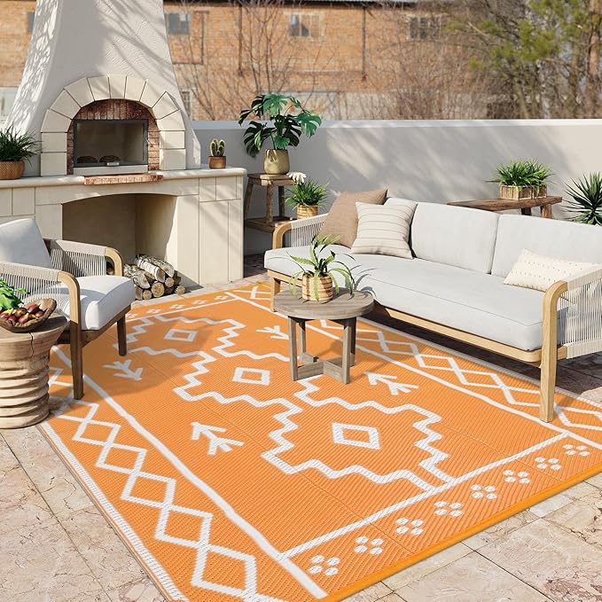 Uphome Outdoor Rugs 8x10 Waterproof, Reversible Orange Boho RV Camping Rug, Patio Plastic Straw Outside Rug, Large Foldable Outdoor Mat Carpet for Backyard Deck Pool Balcony Picnic Beach, 8'x10'