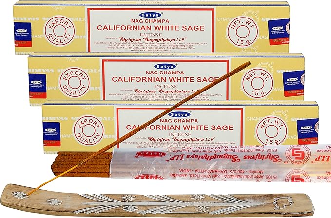 Satya White sage Incense Sticks, Satya sai Baba Insenses 15gmx3 (45 gm) Pack with Raajsee Incense Holder Bundle, Satya Nag Champa Natural Incense