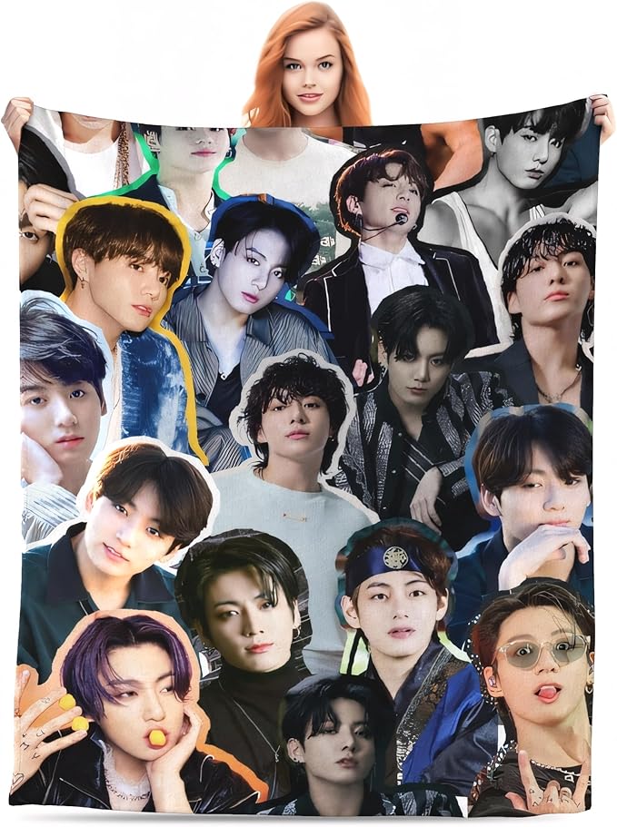 Jungkook Blanket Jeon Jung Kook Soft and Comfortable Warm Fleece Throw Full Picture of Idol Group Blankets 50"X60" Beach Blankets Gift for Dorm Room Decor Sofa Bed Camping Travel
