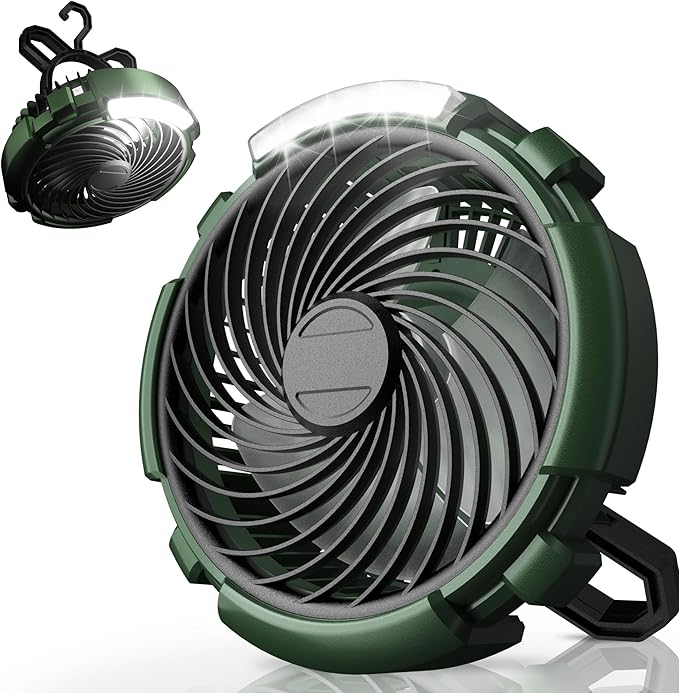 Camping Fan with LED Lantern, 6000mAh Battery Operated Rechargeable Fan, 3 Speeds,180° Rotation, Portable Desk Fan with Hanging Hook, Tent Fan for Travel Camping Outdoor Fishing