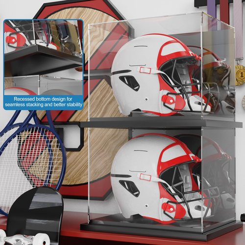 Xiomot Football Helmet Display Case Full Size with Mirror Back and Black Metal Grooved Base Stackable Dustproof Clear Acrylic Display Case for Basketball Sports Memorabilia