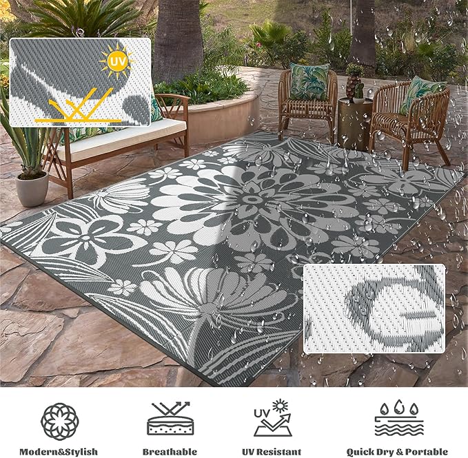 Ileading Outdoor Plastic Straw Rug 6x9ft Funny Floral Style Reversible Patio Area Rugs Waterproof Non Shedding Portable Carpets for Rv Outside Deck Pool Beach Picnic Camping (Grey)