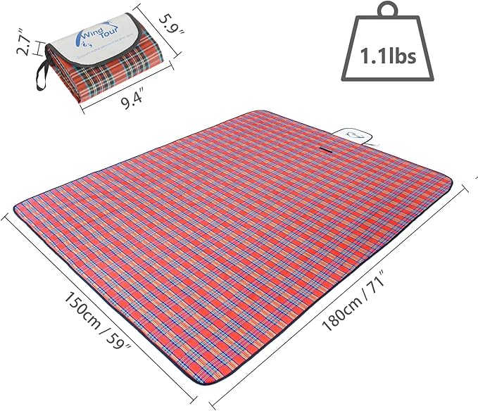 Wind Tour Family Outdoor Waterproof Durable Picnic Blankets with Carry Strap,Foldable 50×70.9 inch Sandproof Picnic Floor Mat for Kids Playground Camping Park Hiking Grass Travelling (1, Red)