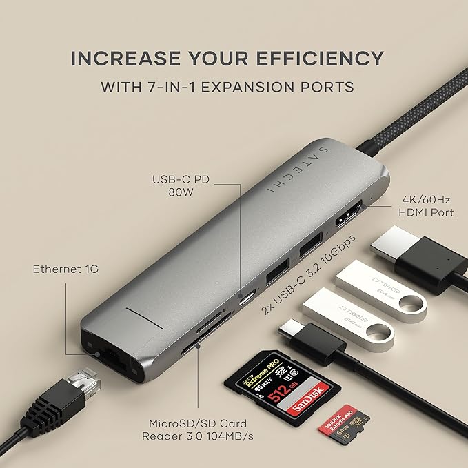 Satechi 7 in 1 USB C Hub Multiport Adapter with Ethernet, HDMI 4K@60Hz, 100W PD Charging, 2X USB-A Data Ports, Micro/SD Card Readers for MacBook Pro/Air M4–M1, iPad, iPhone, Windows - Space Gray