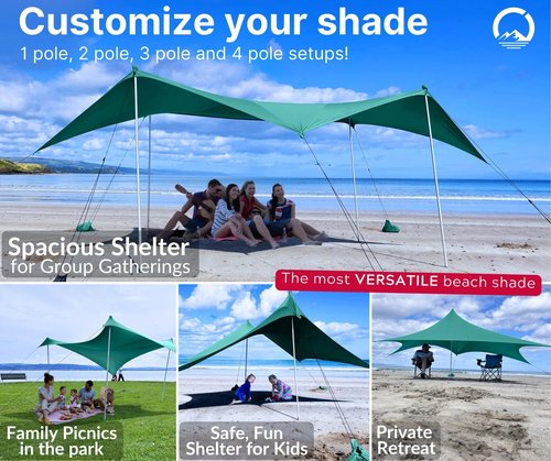 Wing Shade Beach Tent Sun Shelter - Large Portable 10x10 Pop Up Beach Canopy, Easy Setup on Grass or Sand with 4 Poles, 8 sandbags - for Outdoor Picnic, Beach Shade. Wind sail & Beach Umbrella