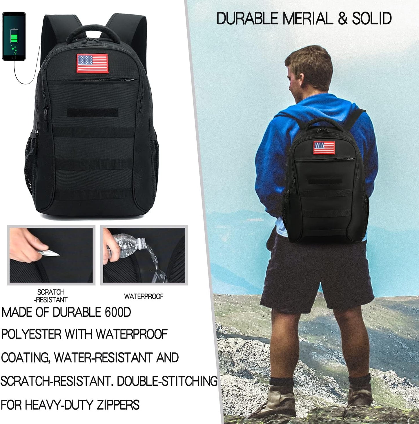 outdoor plus Camo Backpack,Military Boys Backpacks for School,40L Army Bookbag with USB Charging Port Waterproof