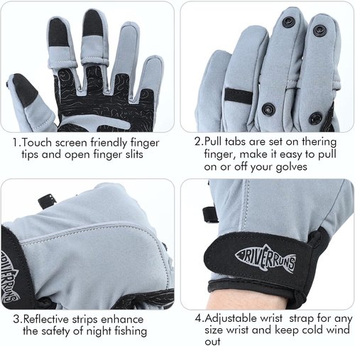 Riverruns Flexible Fishing Gloves Fleece Lining Windproof Ice Fishing Gloves Water-Repellent Touchscreen 3 Cut Fingers